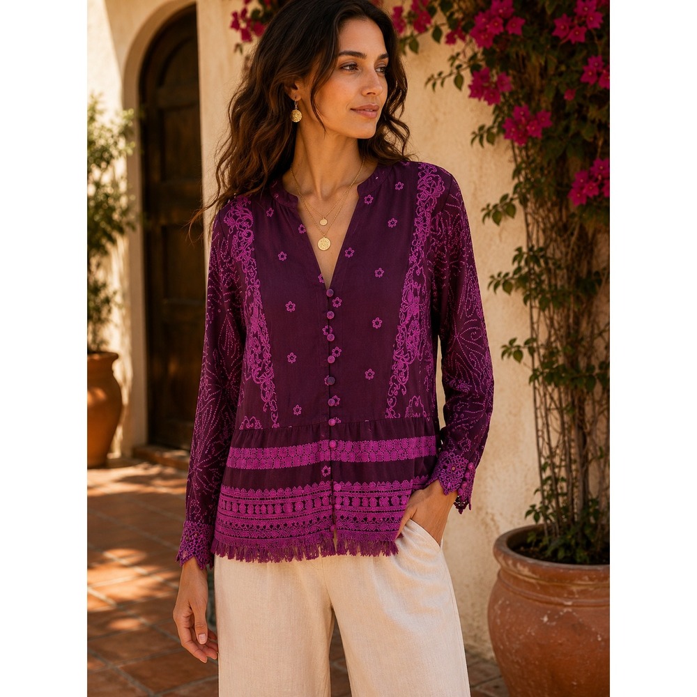 Johnny Was Polyvore Juniper Embroidered Fringe Crochet Boho Blouse Purple S